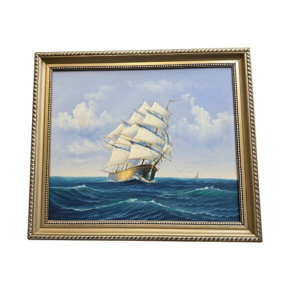2006 Classic Sailing Ship Artwork on Canvas Oil Painting Framed Size 28" x 24" - Picture 2 of 15